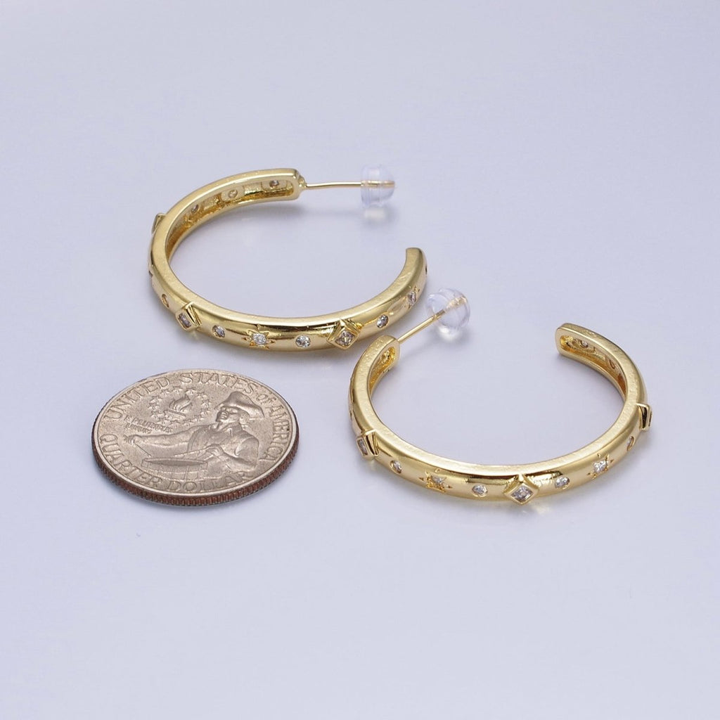 14K Gold plated Rhombus Celestial Clear CZ 35mm C-Shaped Hoop Earrings | AB210 - DLUXCA