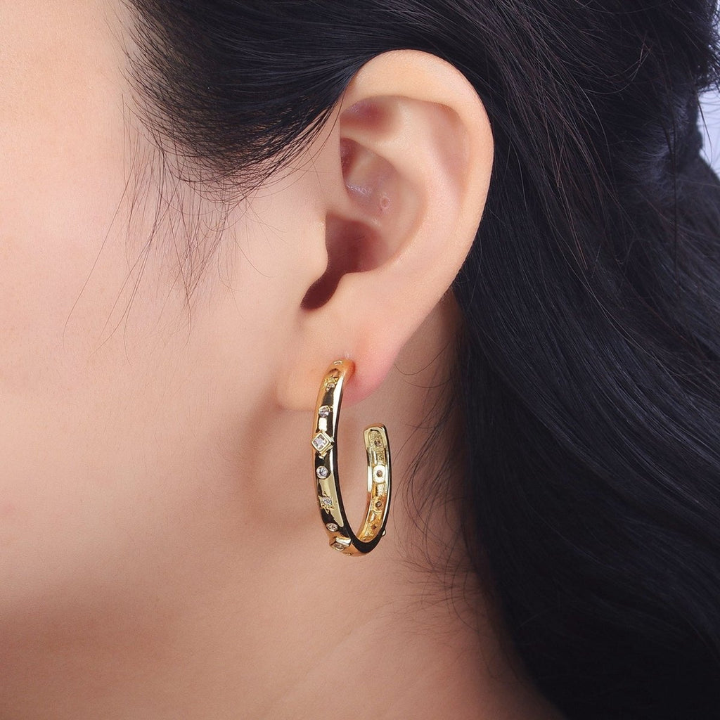 14K Gold plated Rhombus Celestial Clear CZ 35mm C-Shaped Hoop Earrings | AB210 - DLUXCA