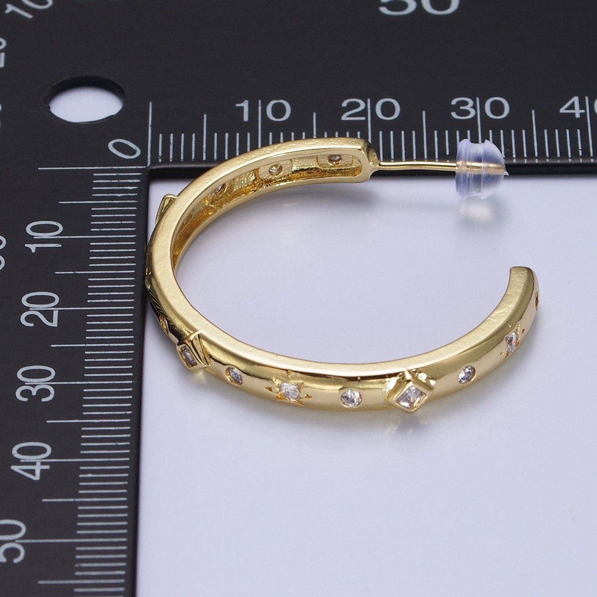 14K Gold plated Rhombus Celestial Clear CZ 35mm C-Shaped Hoop Earrings | AB210 - DLUXCA