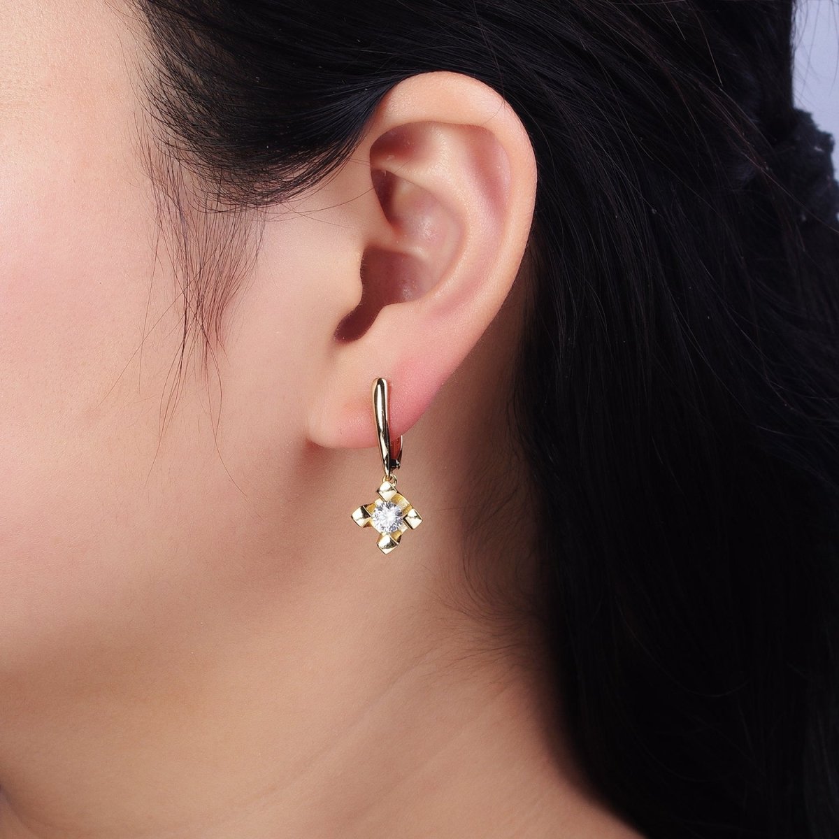 14K Gold plated Rhombus Clear CZ Drop English Lock Earrings | AD1439 - DLUXCA