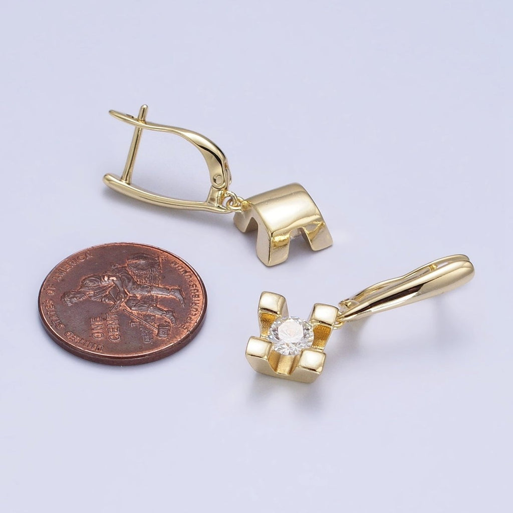 14K Gold plated Rhombus Clear CZ Drop English Lock Earrings | AD1439 - DLUXCA