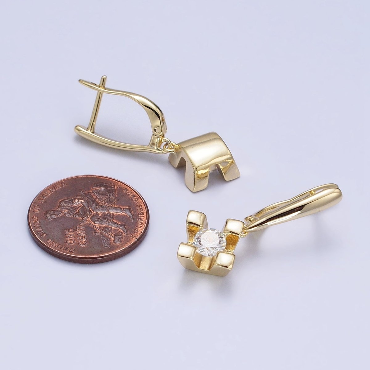 14K Gold plated Rhombus Clear CZ Drop English Lock Earrings | AD1439 - DLUXCA
