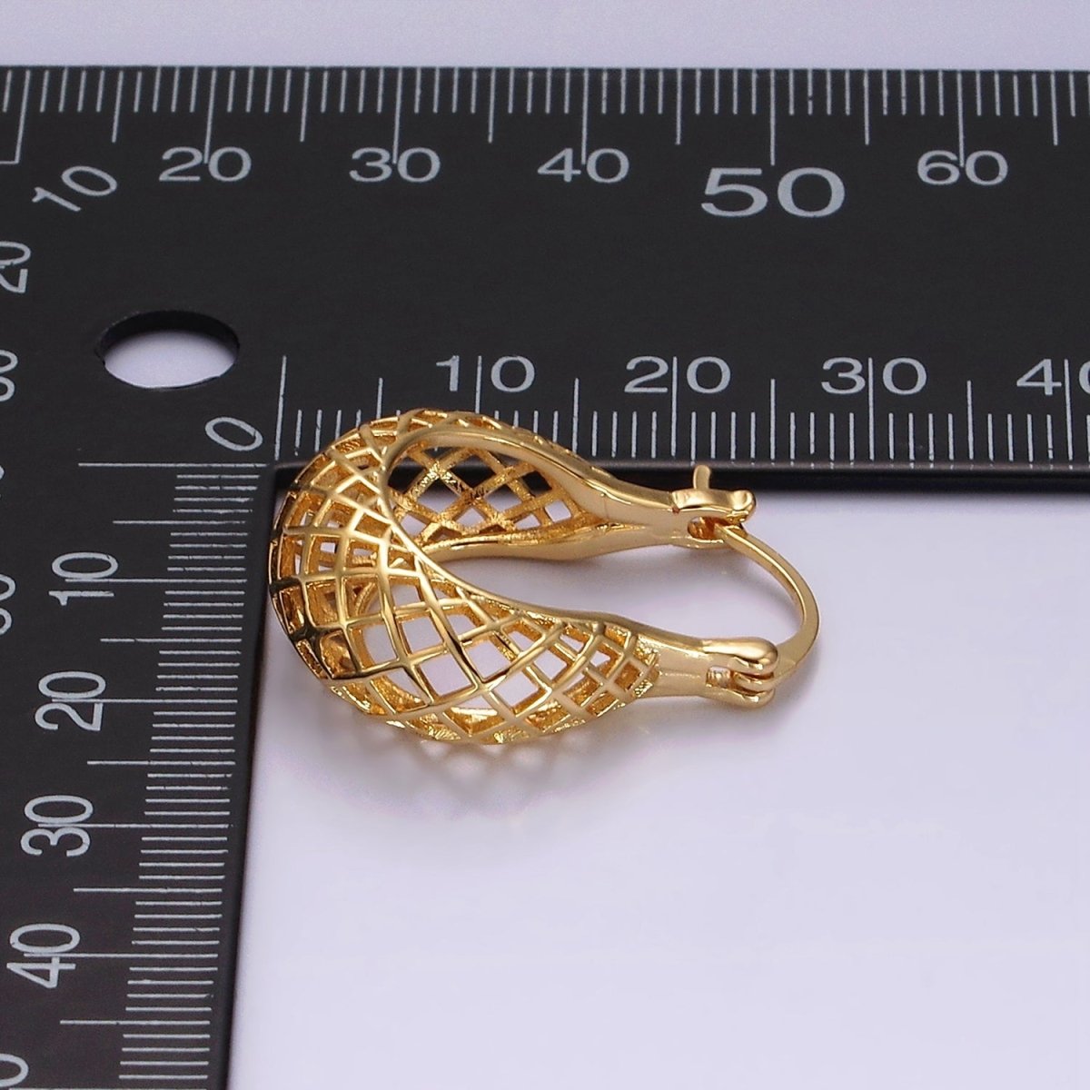 14K Gold plated Rhombus Filigree Open Dome French Lock Latch Hoop Earrings | AE221 - DLUXCA