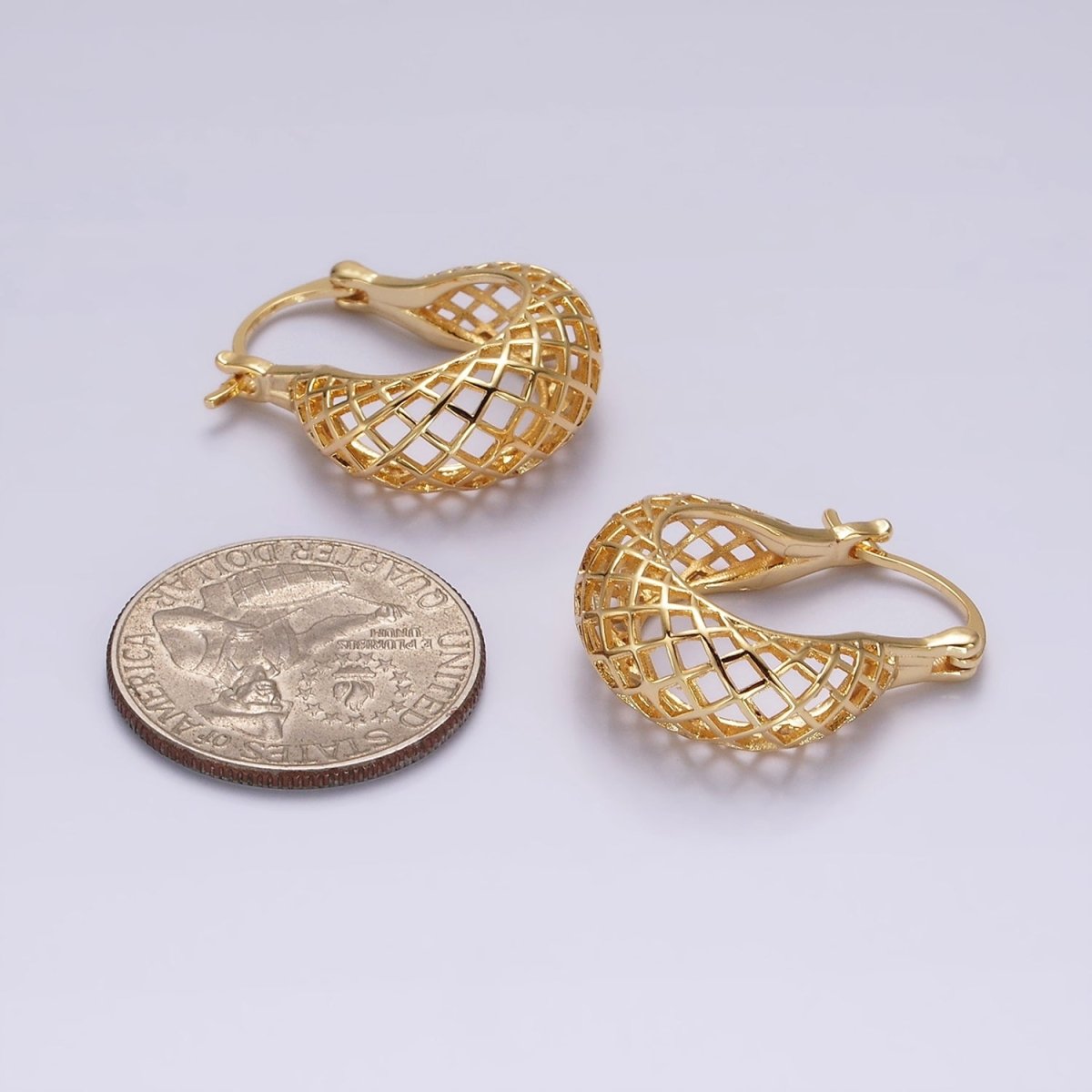 14K Gold plated Rhombus Filigree Open Dome French Lock Latch Hoop Earrings | AE221 - DLUXCA