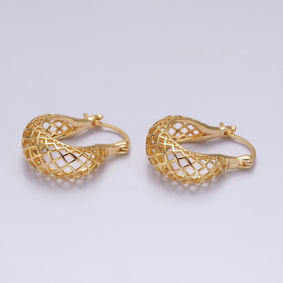 14K Gold plated Rhombus Filigree Open Dome French Lock Latch Hoop Earrings | AE221 - DLUXCA