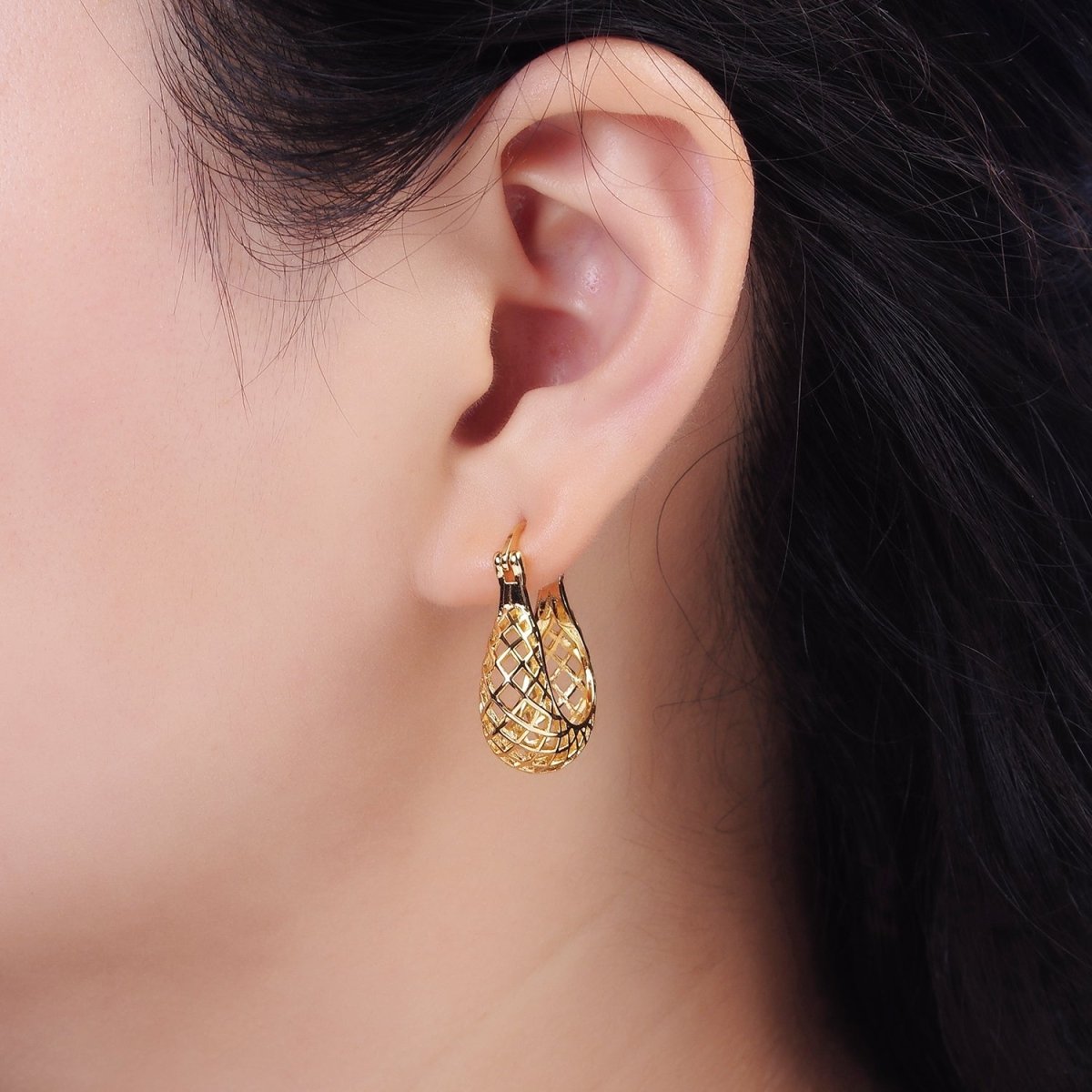 14K Gold plated Rhombus Filigree Open Dome French Lock Latch Hoop Earrings | AE221 - DLUXCA