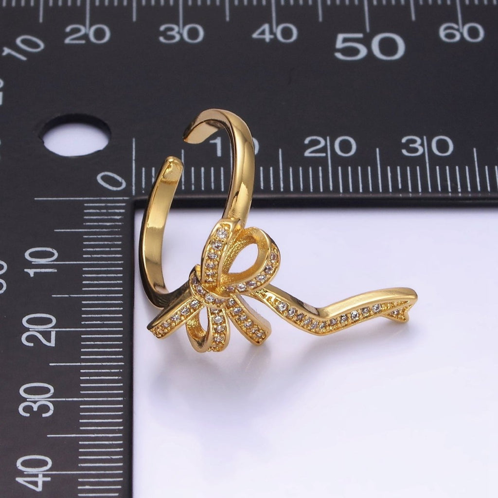 14K Gold plated Ribbon Bow Micro Paved CZ Adjustable Ring Coquette Girl Jewelry | O1310