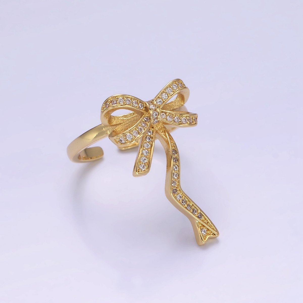 14K Gold plated Ribbon Bow Micro Paved CZ Adjustable Ring Coquette Girl Jewelry | O1310