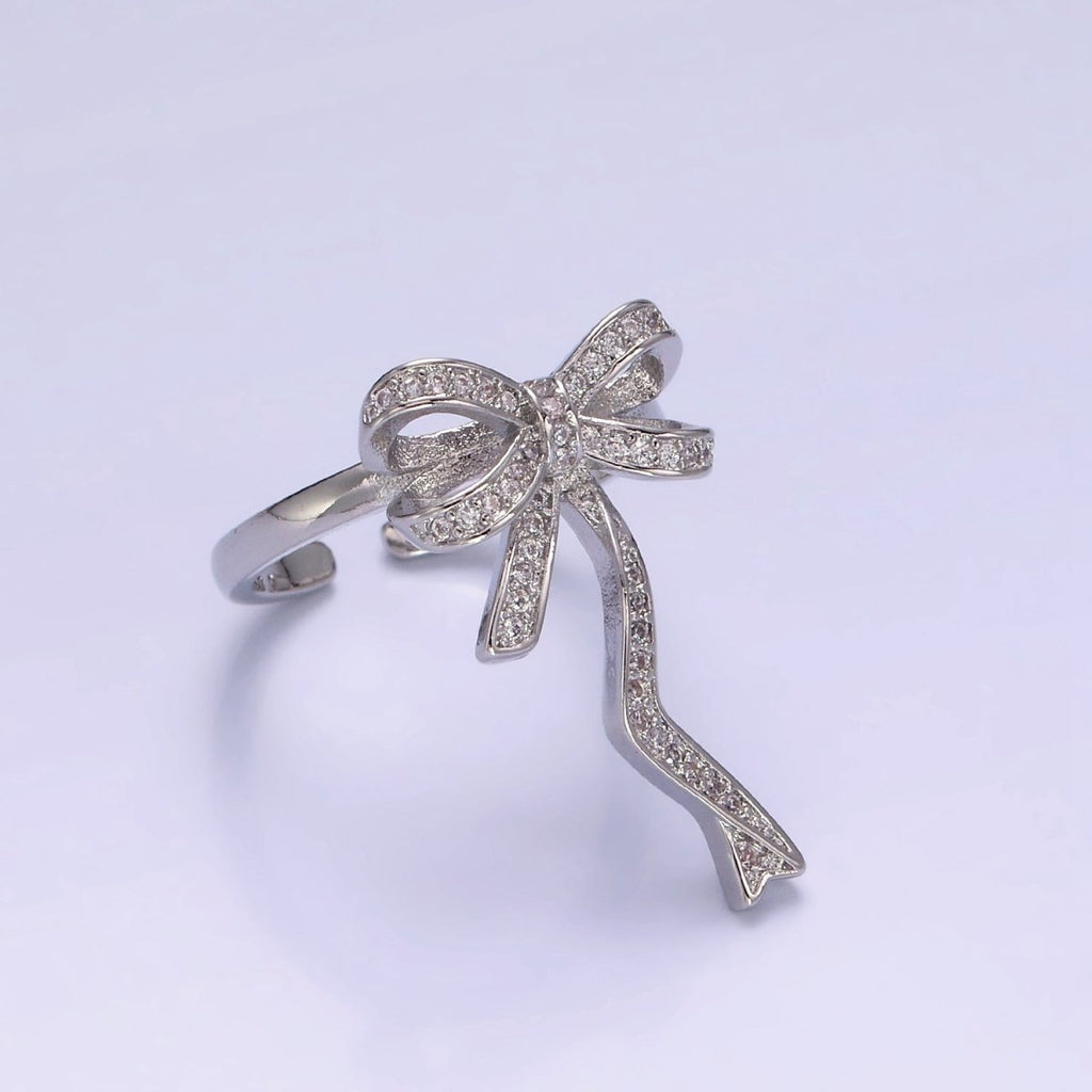 14K Gold plated Ribbon Bow Micro Paved CZ Adjustable Ring Coquette Girl Jewelry | O1310