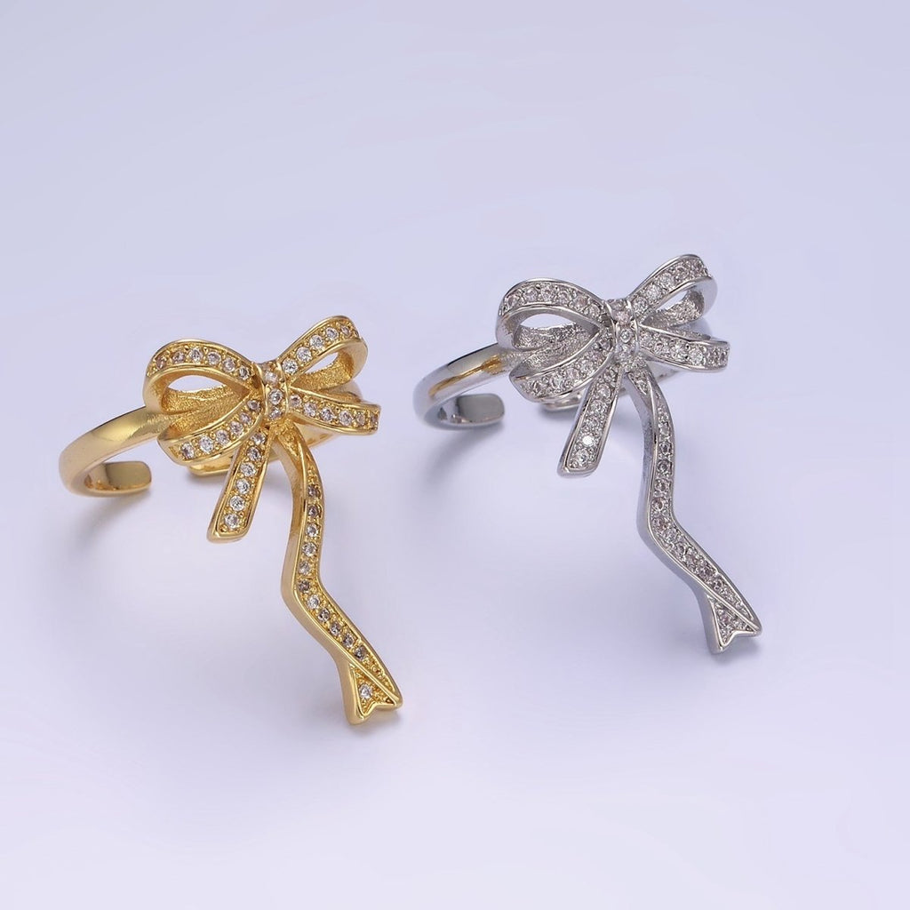 14K Gold plated Ribbon Bow Micro Paved CZ Adjustable Ring Coquette Girl Jewelry | O1310