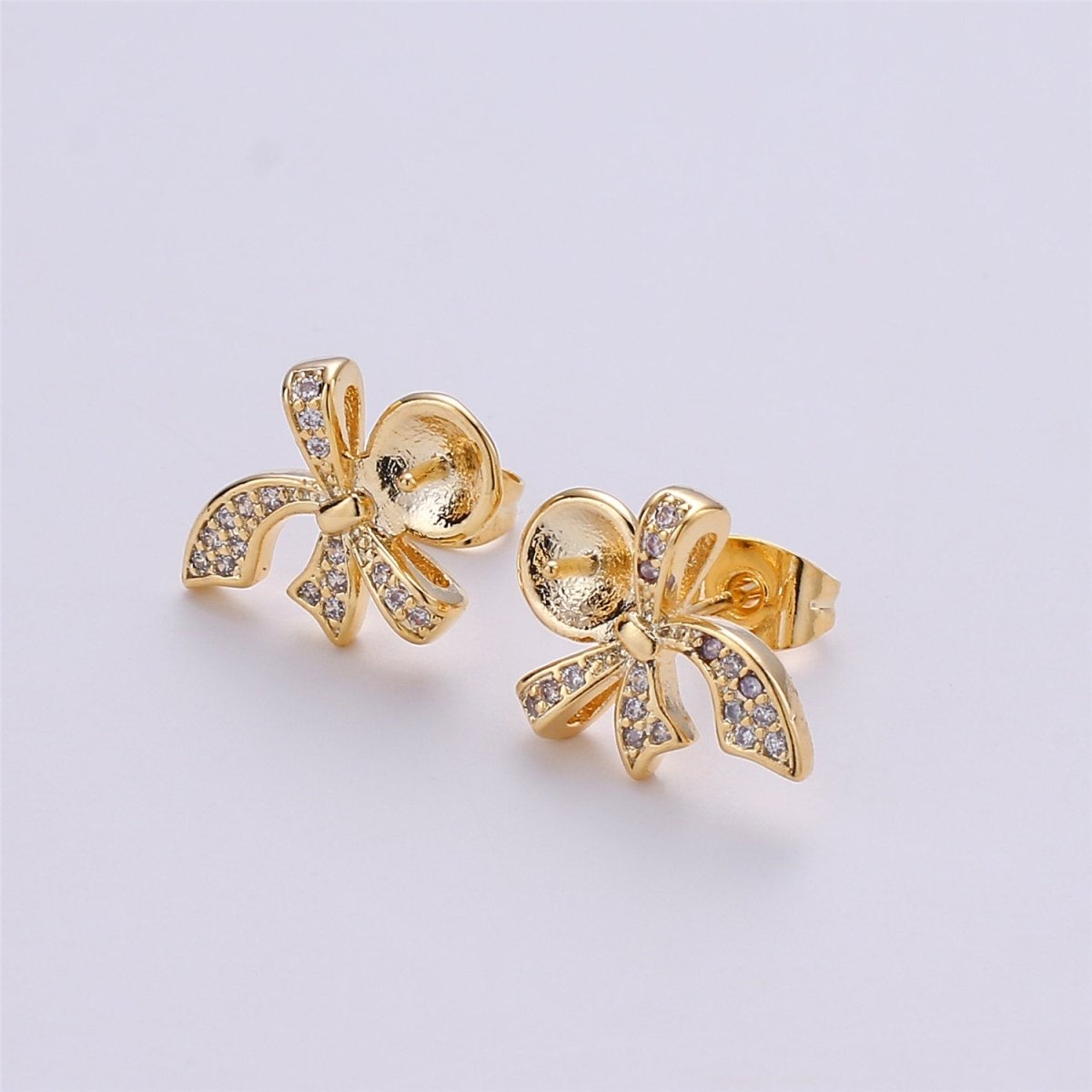14K Gold plated Ribbon Ear Posts Pearl Post Earring Mountings with open ring Earring Backs Included, Earring components K-414 - DLUXCA
