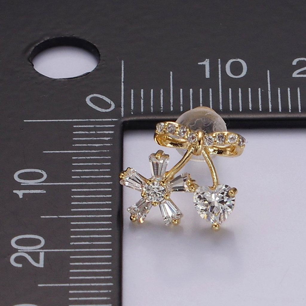 14K Gold plated Ribbon Micro Paved CZ Heart Flower Stud Earrings in Gold & Silver | V318 V319 - DLUXCA