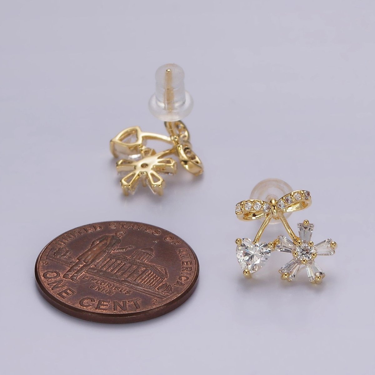 14K Gold plated Ribbon Micro Paved CZ Heart Flower Stud Earrings in Gold & Silver | V318 V319 - DLUXCA