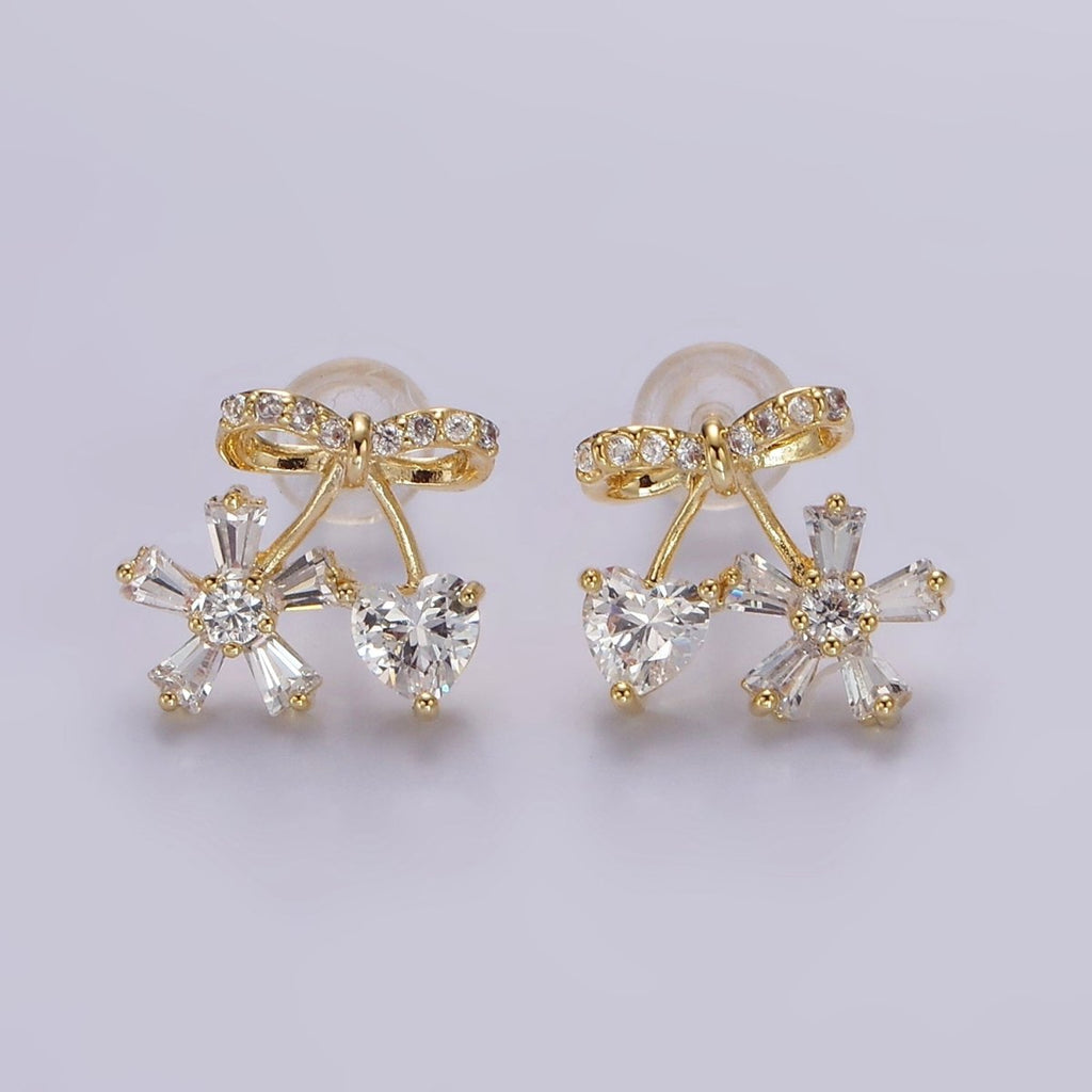 14K Gold plated Ribbon Micro Paved CZ Heart Flower Stud Earrings in Gold & Silver | V318 V319 - DLUXCA