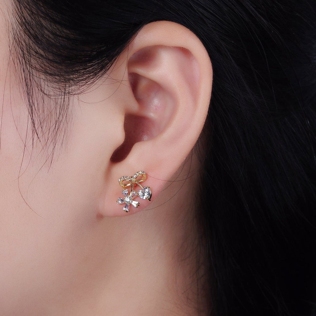14K Gold plated Ribbon Micro Paved CZ Heart Flower Stud Earrings in Gold & Silver | V318 V319 - DLUXCA