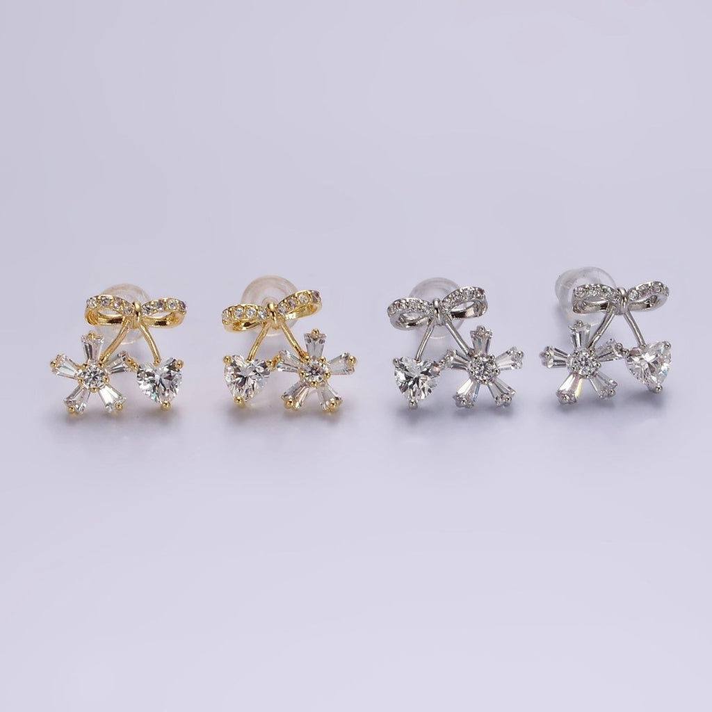 14K Gold plated Ribbon Micro Paved CZ Heart Flower Stud Earrings in Gold & Silver | V318 V319 - DLUXCA
