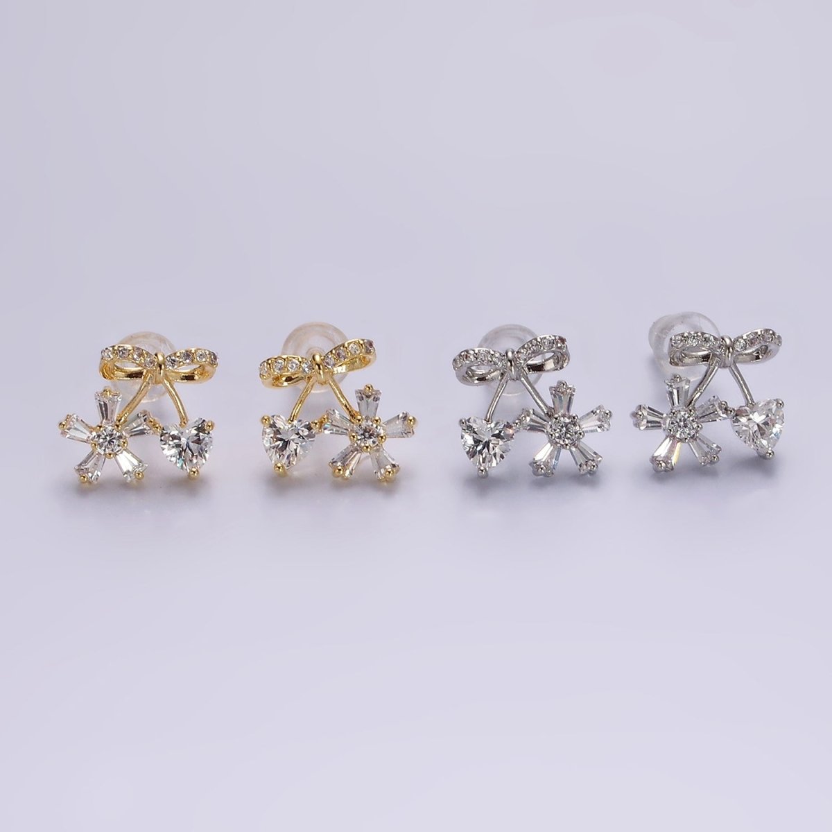 14K Gold plated Ribbon Micro Paved CZ Heart Flower Stud Earrings in Gold & Silver | V318 V319 - DLUXCA