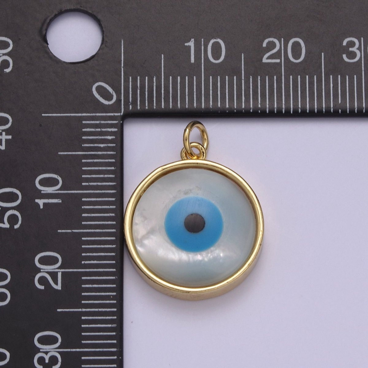 14k Gold plated Rim Evil Eye Charm Pendant- Gold Round Evil Eye Charm with Natural White Shell Evil Eye N-833 - DLUXCA