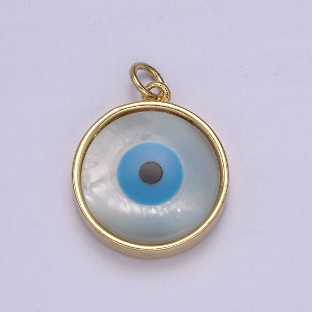 14k Gold plated Rim Evil Eye Charm Pendant- Gold Round Evil Eye Charm with Natural White Shell Evil Eye N-833 - DLUXCA