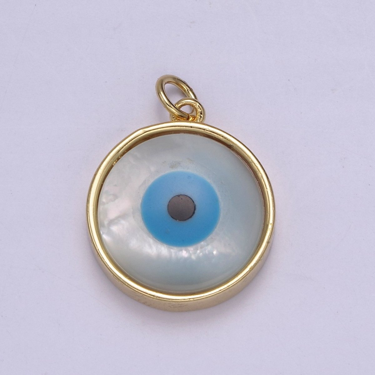 14k Gold plated Rim Evil Eye Charm Pendant- Gold Round Evil Eye Charm with Natural White Shell Evil Eye N-833 - DLUXCA