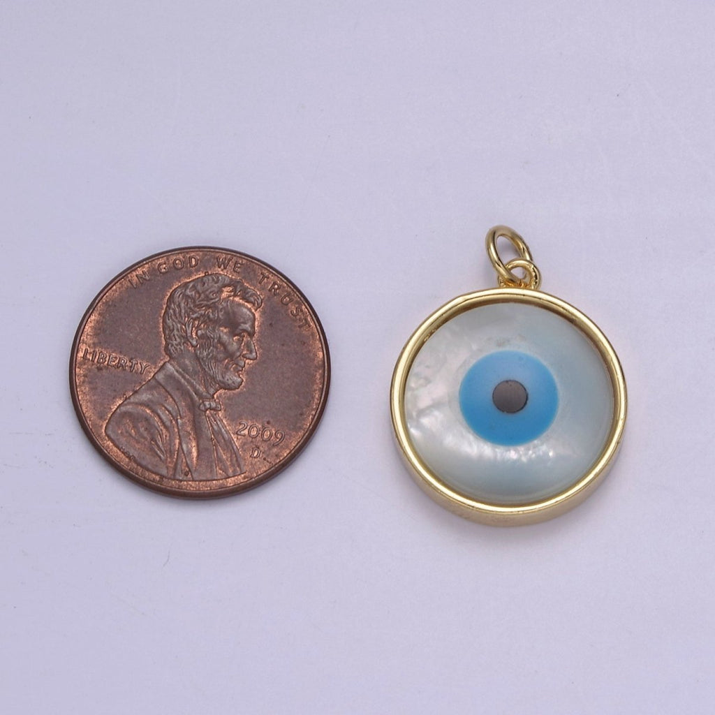 14k Gold plated Rim Evil Eye Charm Pendant- Gold Round Evil Eye Charm with Natural White Shell Evil Eye N-833 - DLUXCA