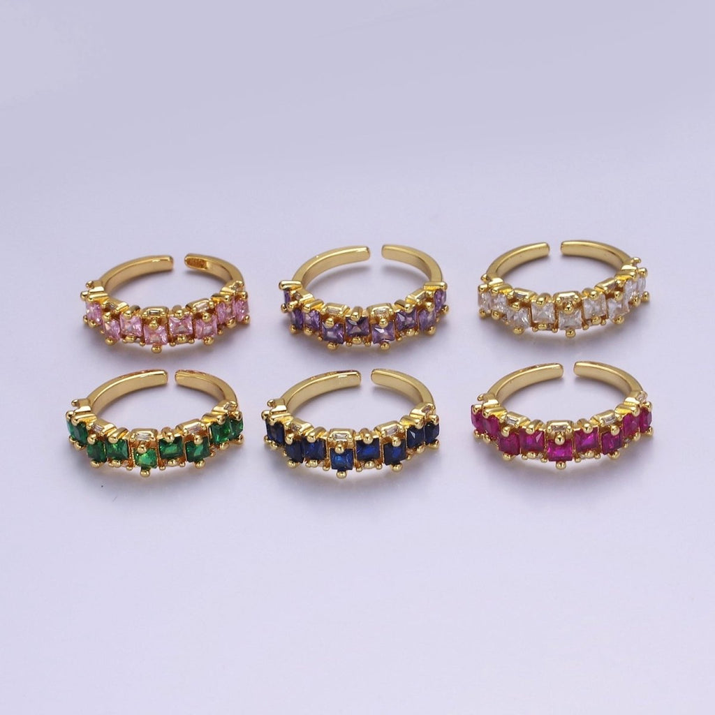14K Gold plated Ring Square Stone Dainty Marquise Minimalist CZ Gold Ring Open Adjustable Colorful Jewelry O-2083 ~O-2088 - DLUXCA