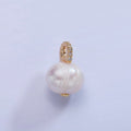 14K Gold plated Ringed Button Freshwater Pearl Micro Paved CZ Bail Drop Pendant | P1708 - DLUXCA