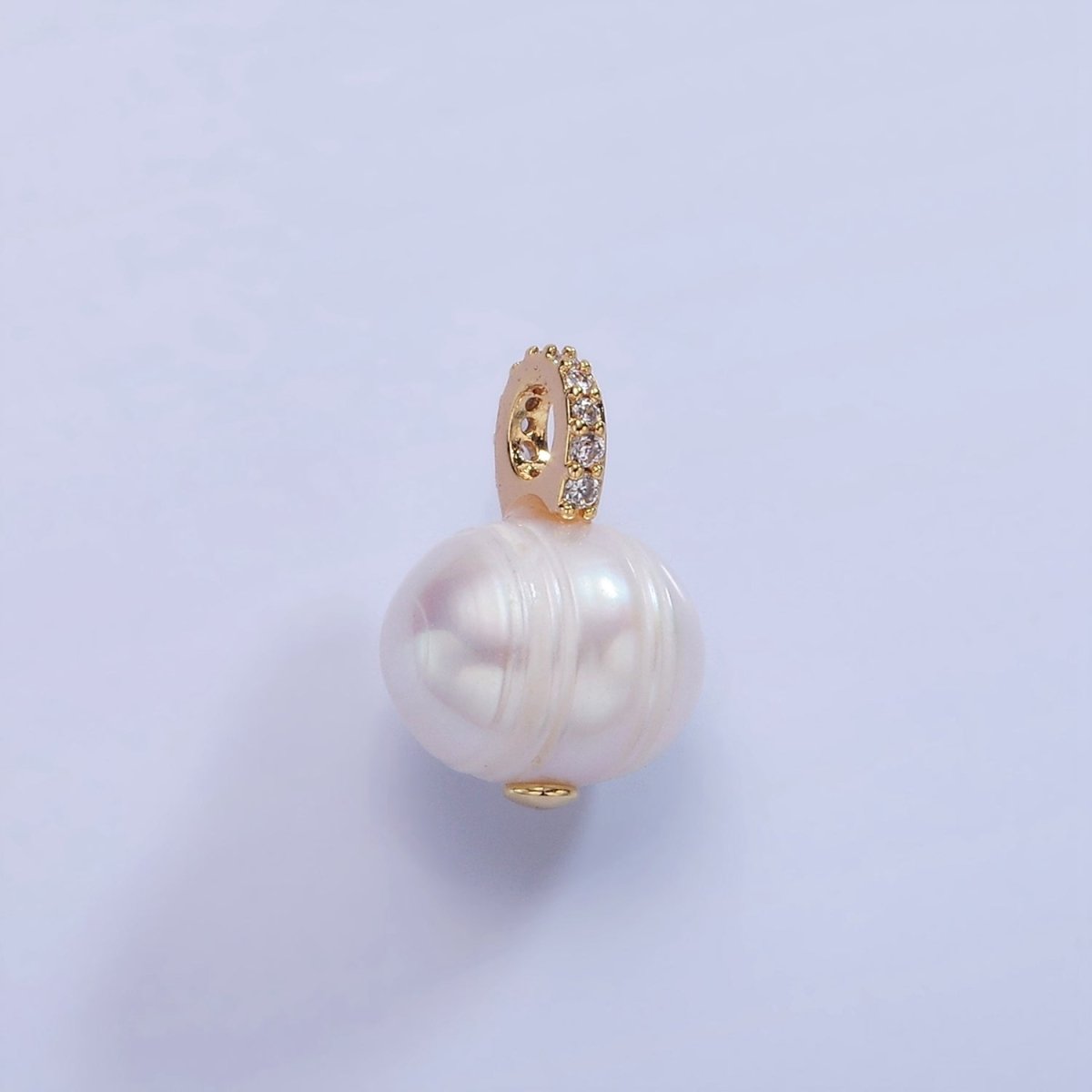 14K Gold plated Ringed Button Freshwater Pearl Micro Paved CZ Bail Drop Pendant | P1708 - DLUXCA