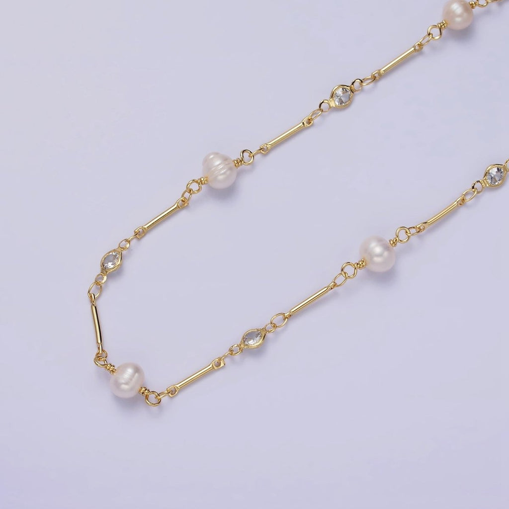 14K Gold plated Ringed Button White Freshwater Pearl Clear CZ Unfinished Jewelry Making Chain | ROLL-1410 Clearance Pricing - DLUXCA