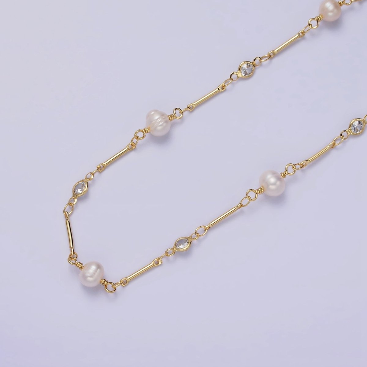 14K Gold plated Ringed Button White Freshwater Pearl Clear CZ Unfinished Jewelry Making Chain | ROLL-1410 Clearance Pricing - DLUXCA