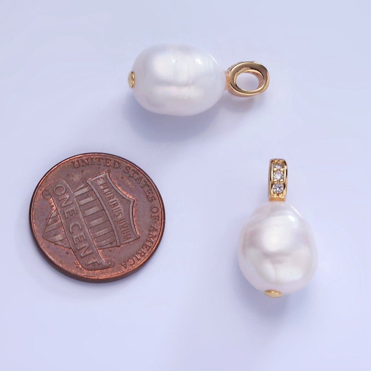14K Gold plated Ringed White Freshwater Pearl Micro Paved CZ Bail Pendant | P1735 - DLUXCA