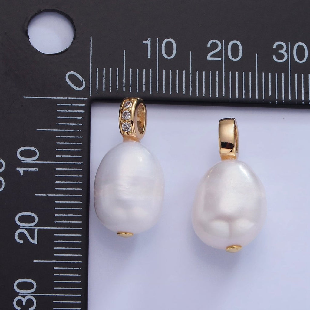 14K Gold plated Ringed White Freshwater Pearl Micro Paved CZ Bail Pendant | P1735 - DLUXCA