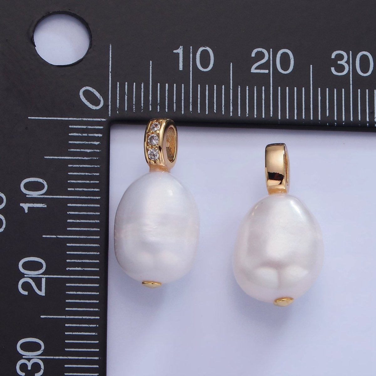 14K Gold plated Ringed White Freshwater Pearl Micro Paved CZ Bail Pendant | P1735 - DLUXCA