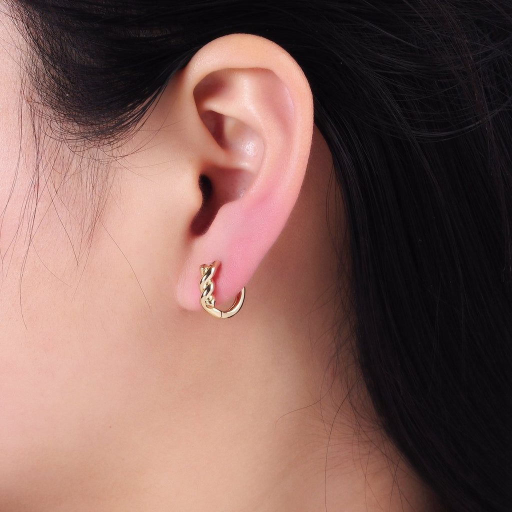 14K Gold plated Rope Croissant Cartilage Huggie Earrings in Gold & Silver | AB1364 AB1365 - DLUXCA