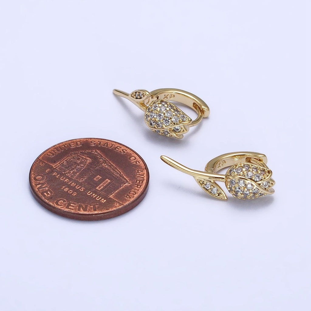 14K Gold plated Rose Flower Micro Paved CZ Cartilage Huggie Earrings | AB269 - DLUXCA