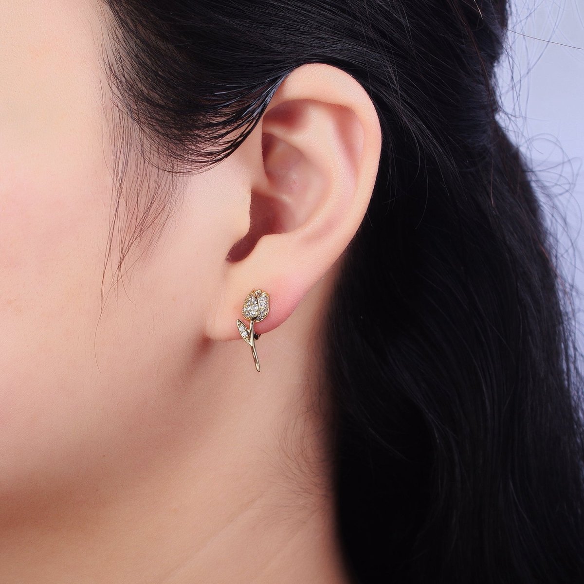 14K Gold plated Rose Flower Micro Paved CZ Cartilage Huggie Earrings | AB269 - DLUXCA