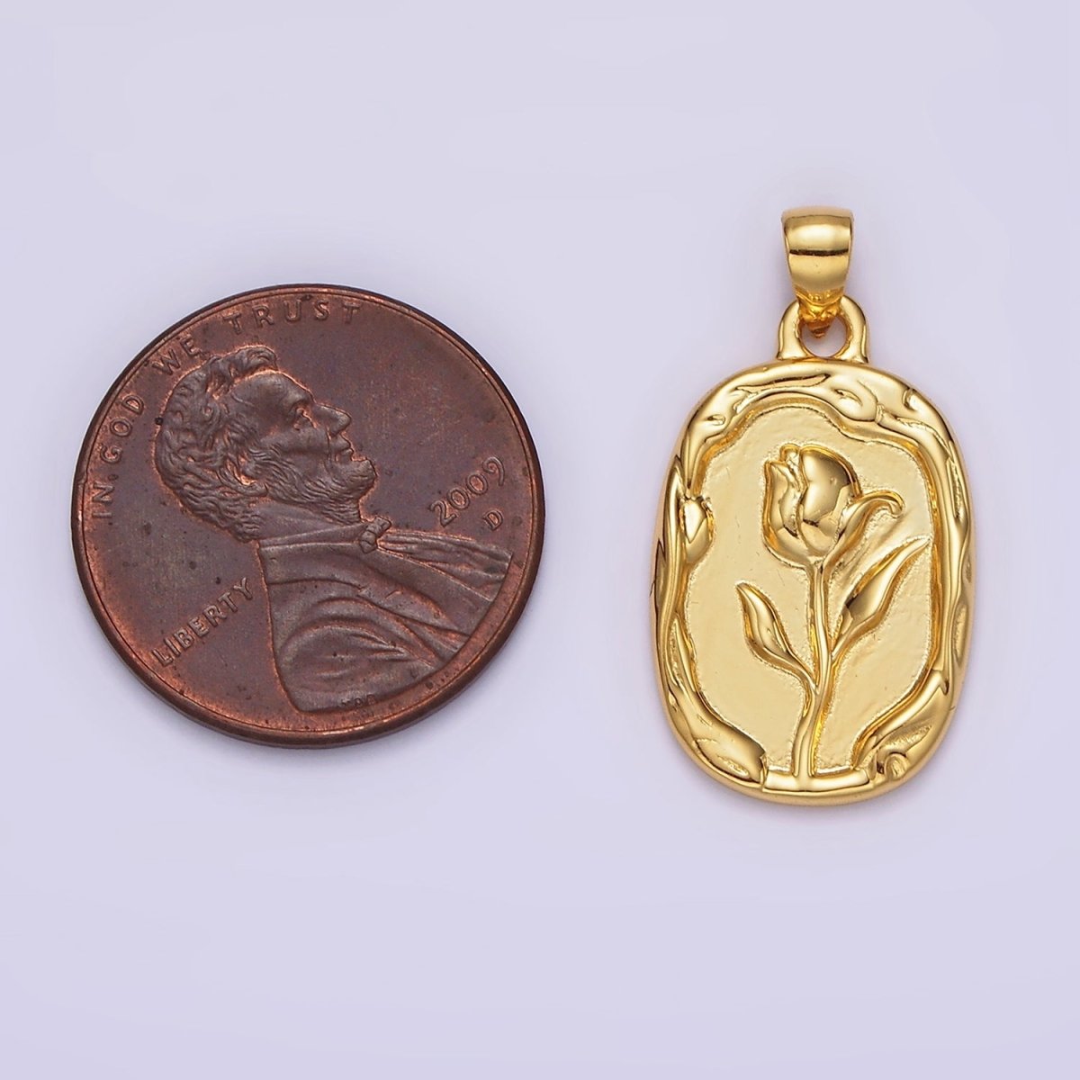 14K Gold plated Rose Flower Molten Stamped Oval Pendant in Gold & Silver | N1787 N1788