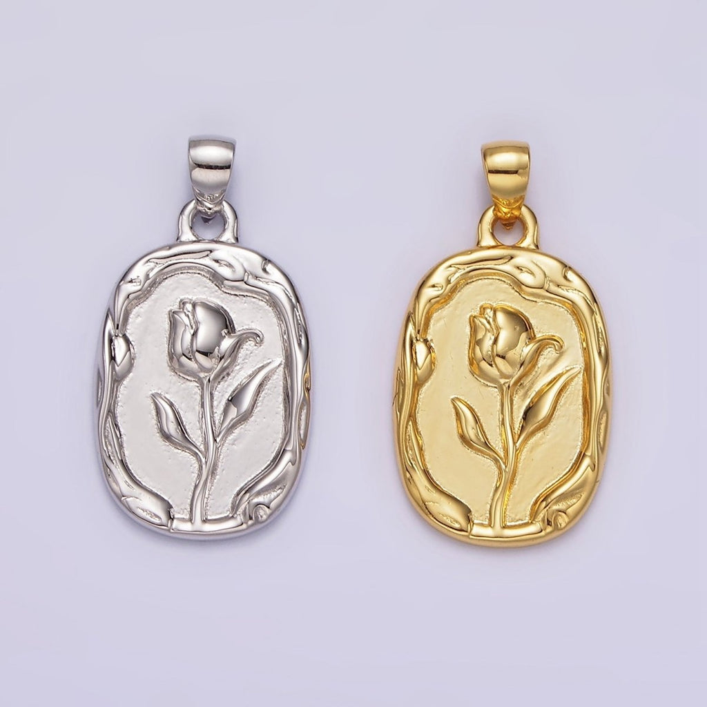 14K Gold plated Rose Flower Molten Stamped Oval Pendant in Gold & Silver | N1787 N1788