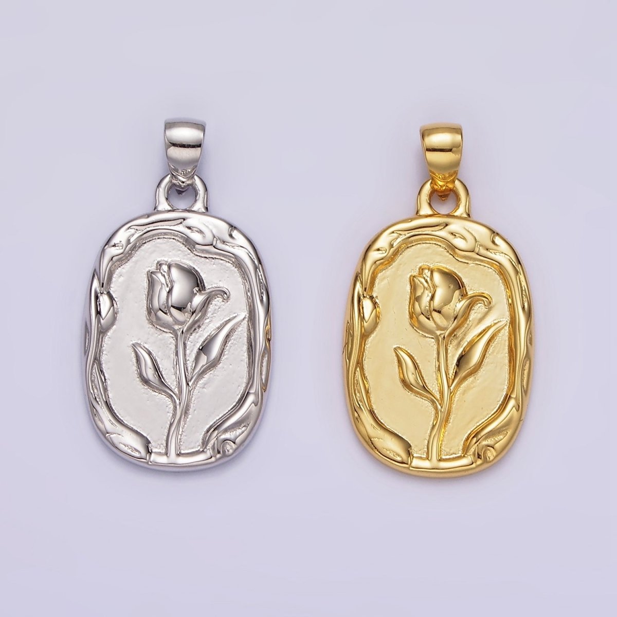 14K Gold plated Rose Flower Molten Stamped Oval Pendant in Gold & Silver | N1787 N1788