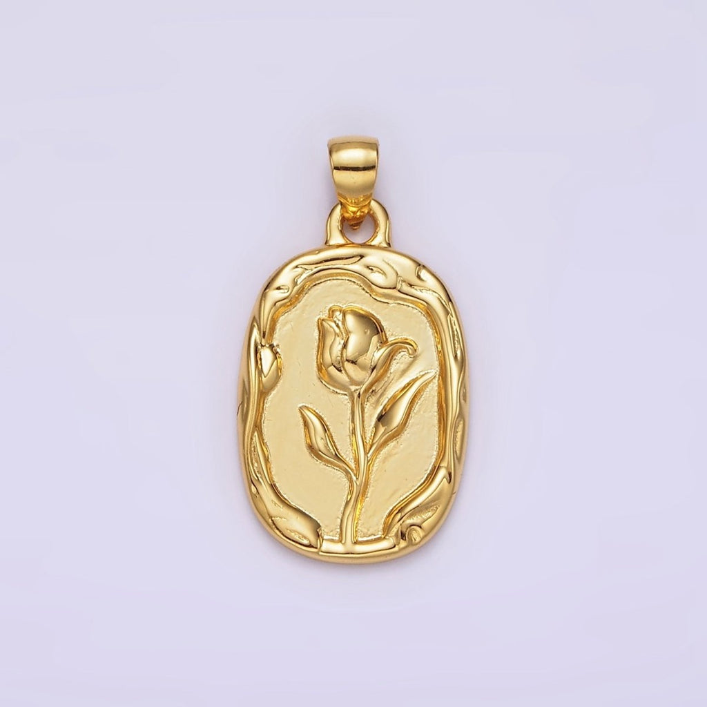 14K Gold plated Rose Flower Molten Stamped Oval Pendant in Gold & Silver | N1787 N1788