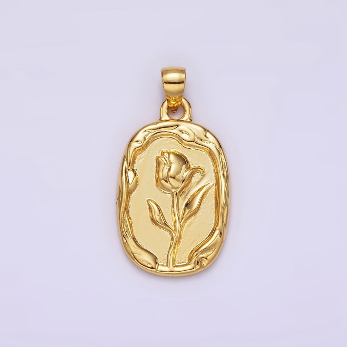 14K Gold plated Rose Flower Molten Stamped Oval Pendant in Gold & Silver | N1787 N1788