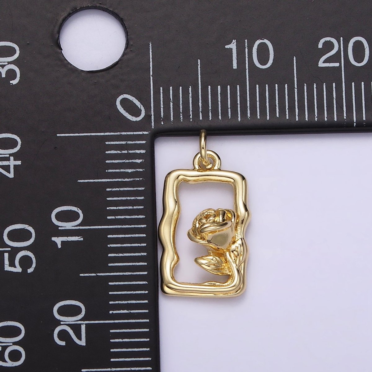 14K Gold plated Rose Flower Open Wavy Rectangular Charm | AC898 - DLUXCA