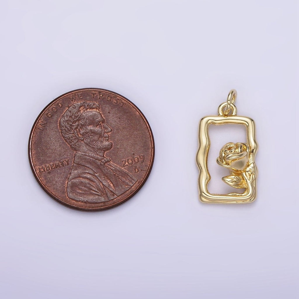 14K Gold plated Rose Flower Open Wavy Rectangular Charm | AC898 - DLUXCA