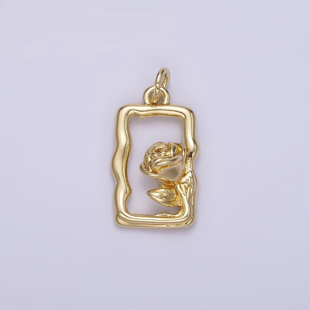 14K Gold plated Rose Flower Open Wavy Rectangular Charm | AC898 - DLUXCA