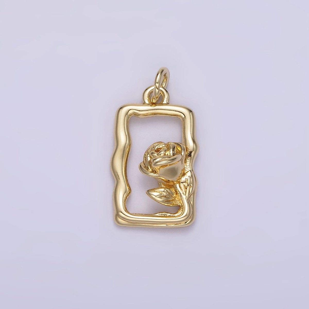 14K Gold plated Rose Flower Open Wavy Rectangular Charm | AC898 - DLUXCA