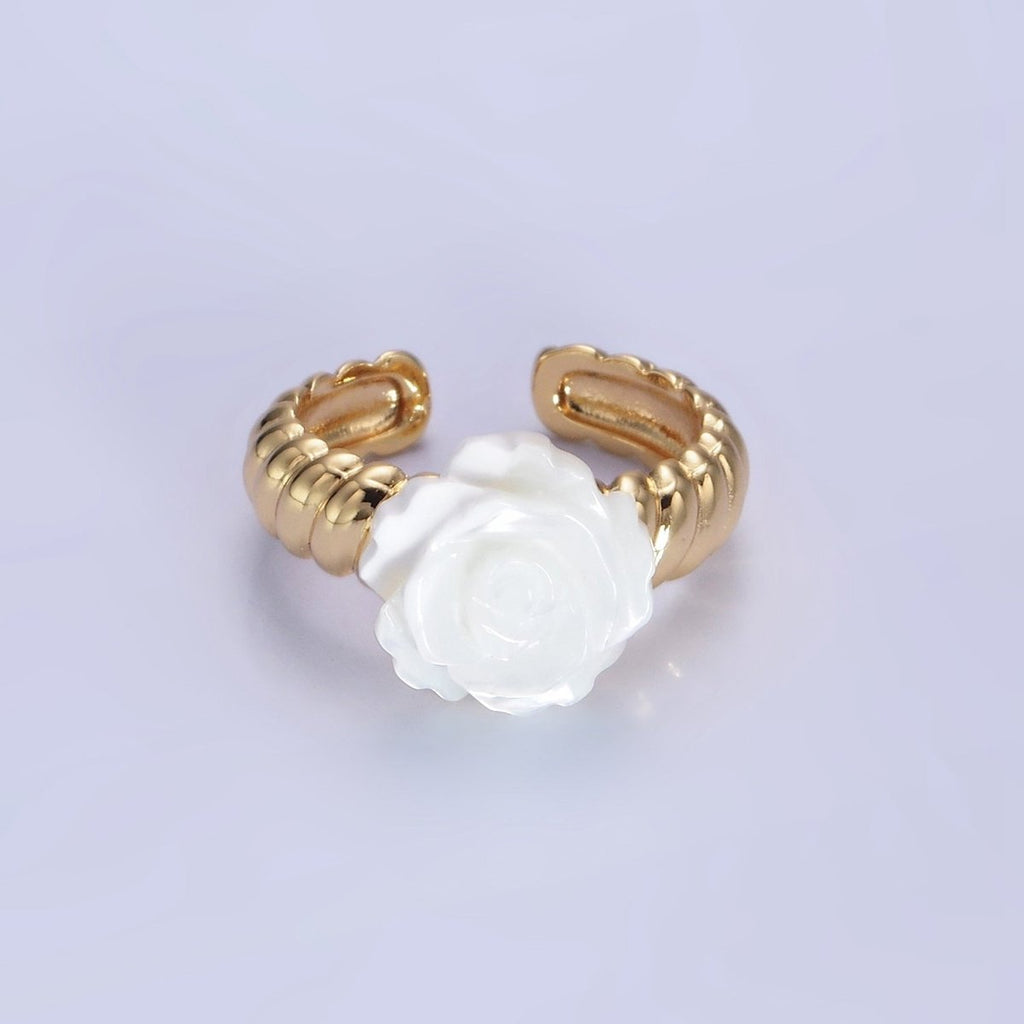 14K Gold plated Rose Flower Shell Pearl Croissant Ring | O1314 - DLUXCA
