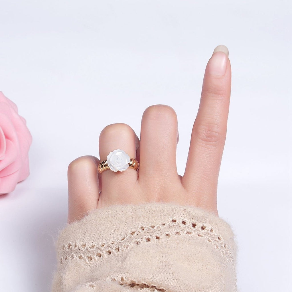 14K Gold plated Rose Flower Shell Pearl Croissant Ring | O1314 - DLUXCA