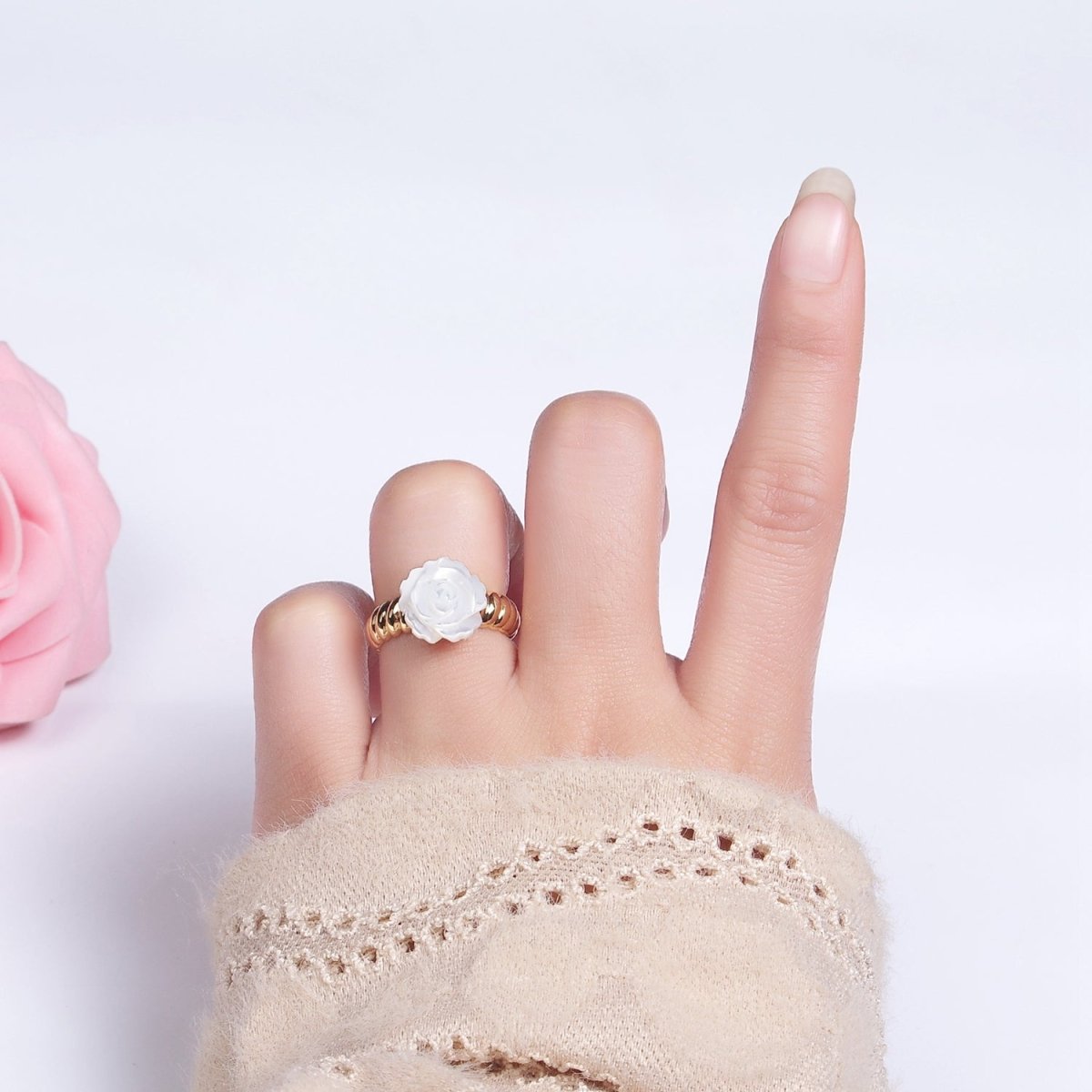 14K Gold plated Rose Flower Shell Pearl Croissant Ring | O1314 - DLUXCA