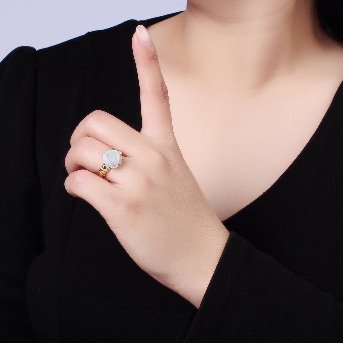 14K Gold plated Rose Flower Shell Pearl Croissant Ring | O1314 - DLUXCA