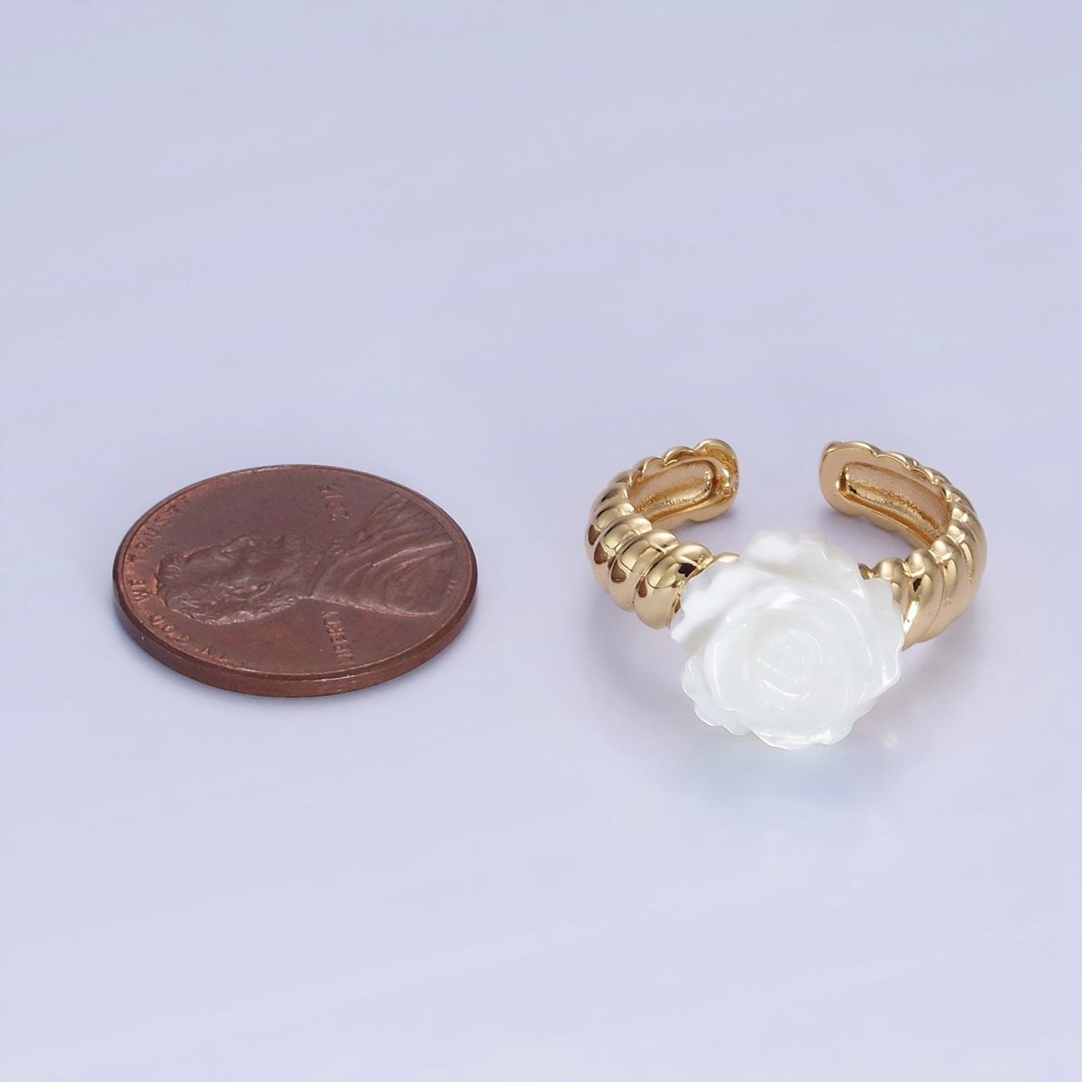 14K Gold plated Rose Flower Shell Pearl Croissant Ring | O1314 - DLUXCA